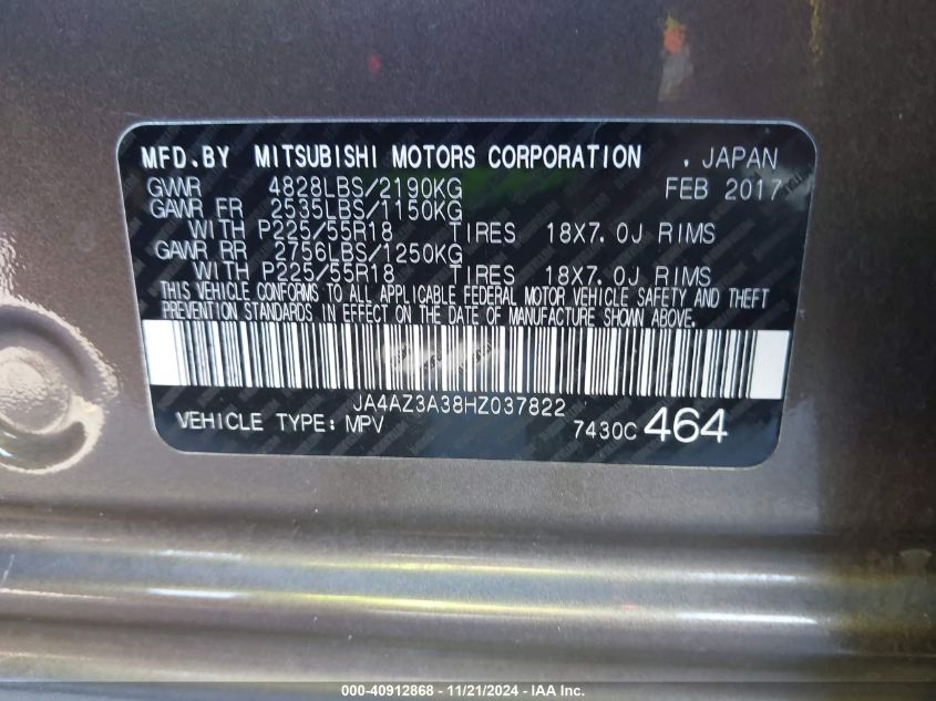 2017 Mitsubishi Outlander Sel VIN: JA4AZ3A38HZ037822 Lot: 40912868