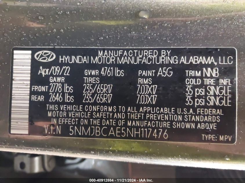 2022 Hyundai Tucson Sel VIN: 5NMJBCAE5NH117476 Lot: 40912884