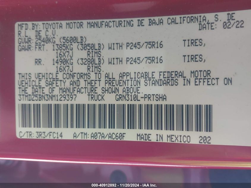 2022 Toyota Tacoma Sr5 V6 VIN: 3TMDZ5BN3NM129397 Lot: 40912892