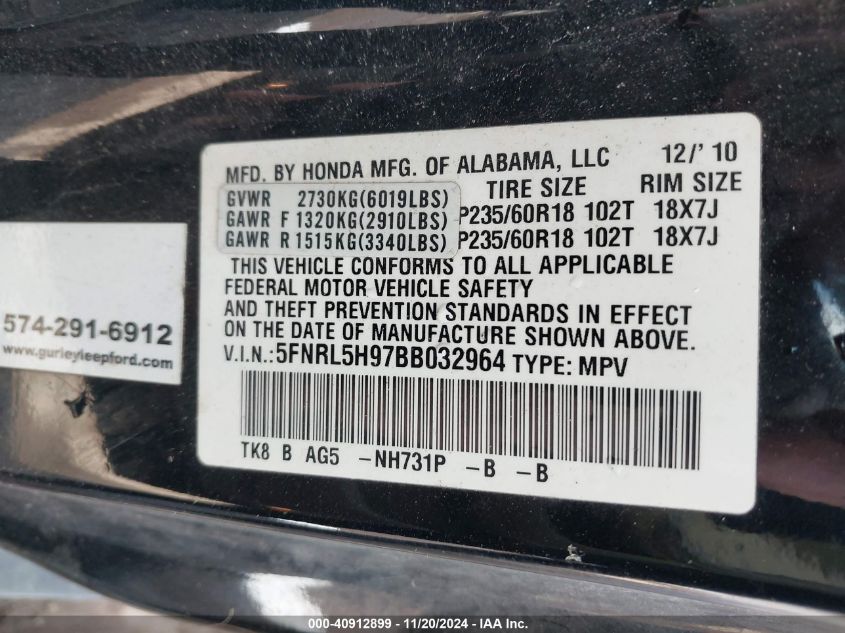 2011 Honda Odyssey Touring/Touring Elite VIN: 5FNRL5H97BB032964 Lot: 40912899