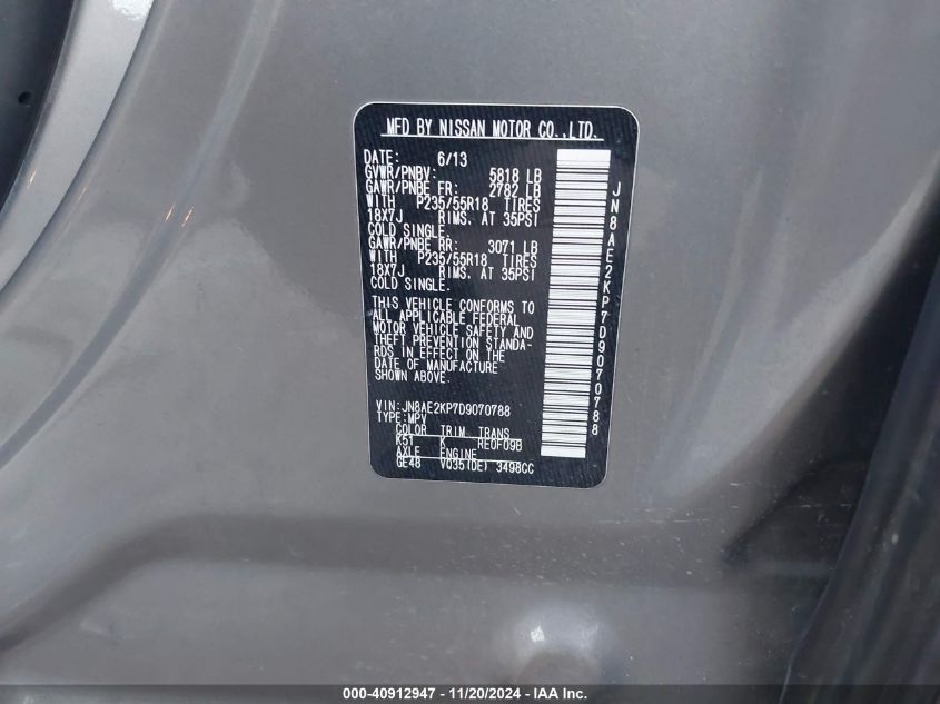 2013 Nissan Quest Sl VIN: JN8AE2KP7D9070788 Lot: 40912947