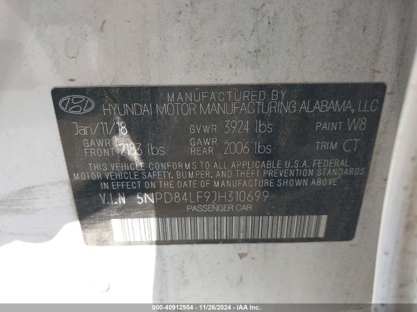 VIN 5NPD84LF9JH310699 2018 Hyundai Elantra, Sel no.9