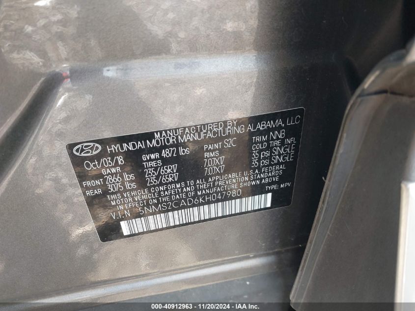 VIN 5NMS2CAD6KH047980 2019 HYUNDAI SANTA FE SE