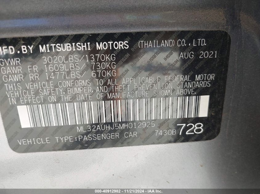 2021 Mitsubishi Mirage Carbonite Edition/Es/Le VIN: ML32AUHJ5MH012925 Lot: 40912982