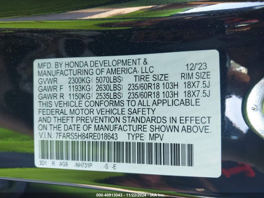 2024 Honda Cr-V Hybrid Sport-L VIN: 7FARS5H84RE018643 Lot: 40913043