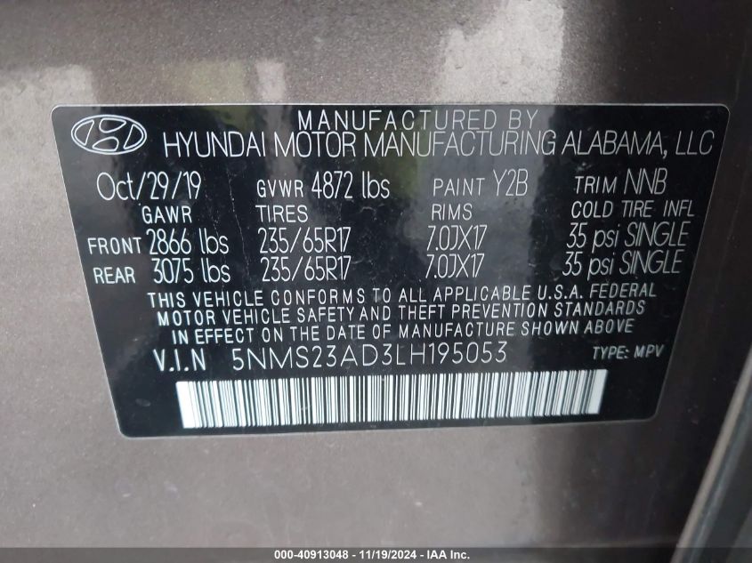 2020 Hyundai Santa Fe Se VIN: 5NMS23AD3LH195053 Lot: 40913048