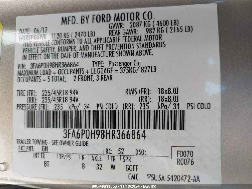 2017 Ford Fusion Se VIN: 3FA6P0H98HR366864 Lot: 40913056