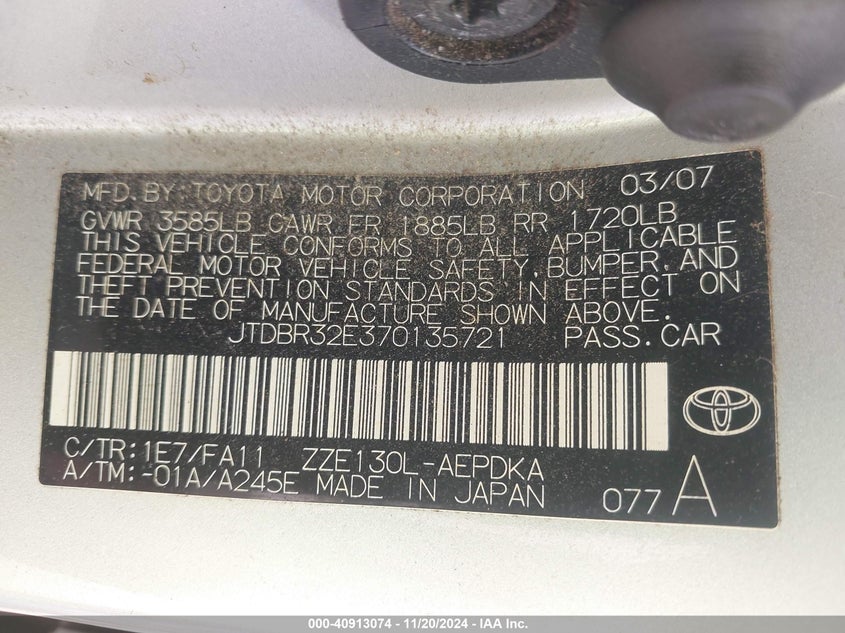 2007 TOYOTA COROLLA VIN: JTDBR32E370135721