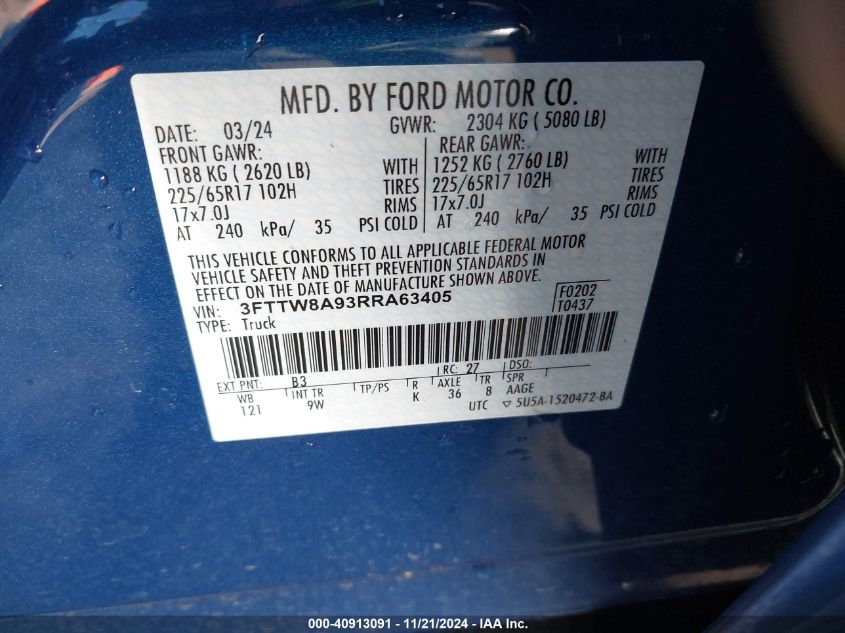 VIN 3FTTW8A93RRA63405 2024 FORD MAVERICK XL