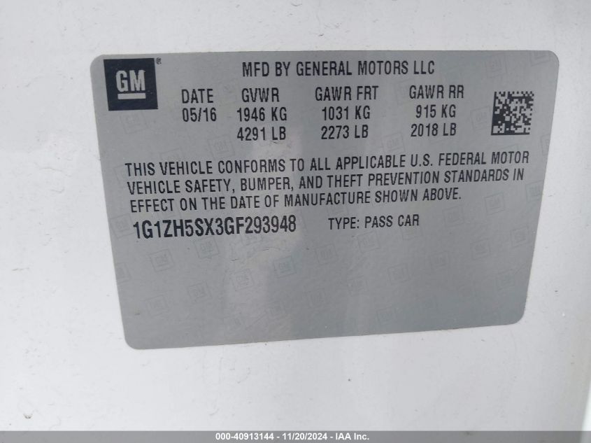2016 CHEVROLET MALIBU VIN: 1G1ZH5SX3GF293948
