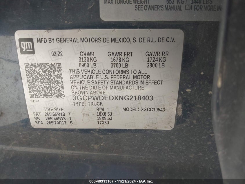 2022 CHEVROLET SILVERADO 1500 LTD(VIN: 3GCPWDEDXNG218403