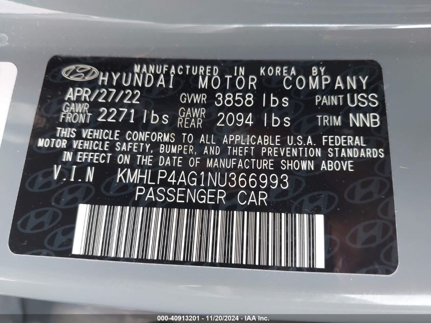 2022 Hyundai Elantra Limited VIN: KMHLP4AG1NU366993 Lot: 40913201