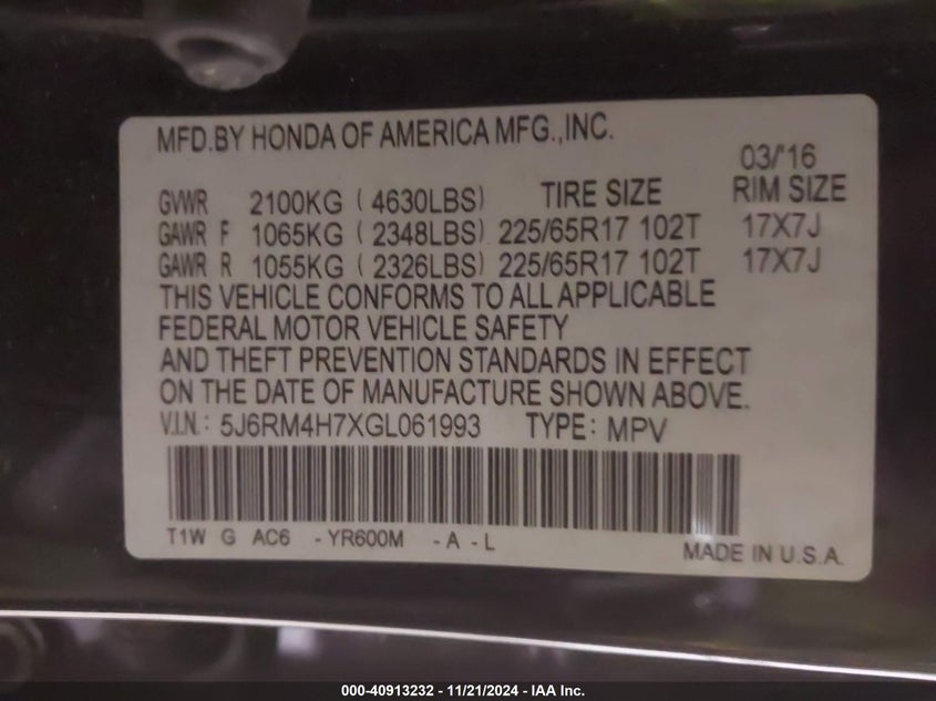 2016 HONDA CR-V EXL - 5J6RM4H7XGL061993