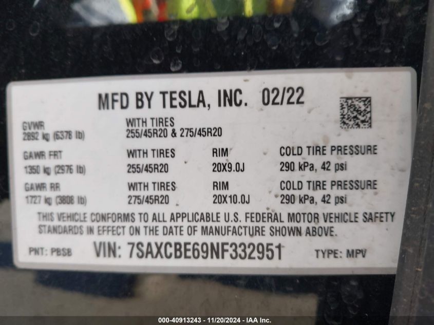 VIN 7SAXCBE69NF332951 2022 TESLA MODEL X no.9