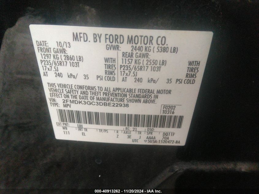 VIN 2FMDK3GC3DBE22938 2013 FORD EDGE no.9