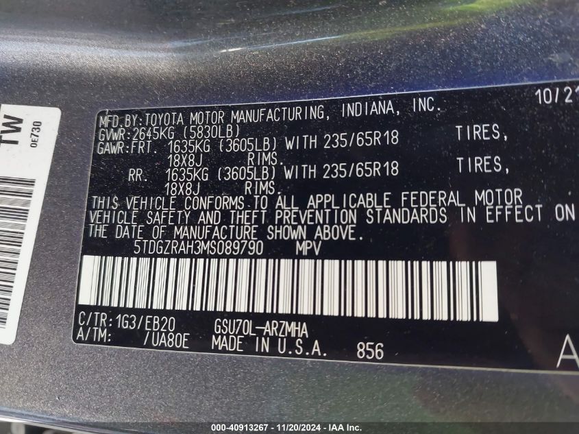 VIN 5TDGZRAH3MS089790 2021 Toyota Highlander, Xle no.9