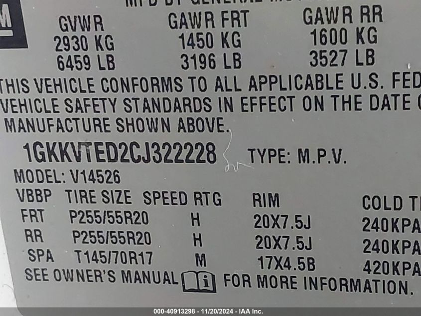 2012 GMC Acadia Denali VIN: 1GKKVTED2CJ322228 Lot: 40913298