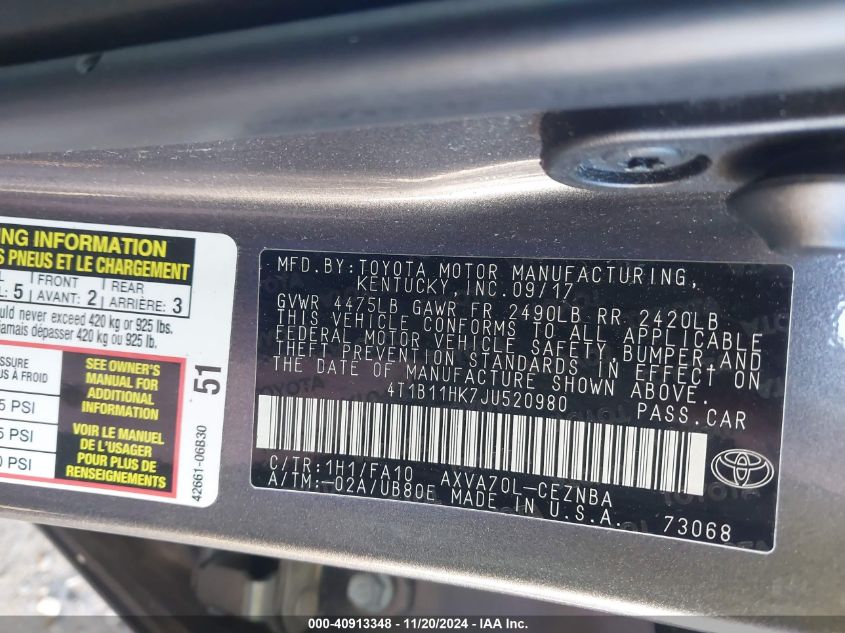2018 TOYOTA CAMRY VIN: 4T1B11HK7JU520980