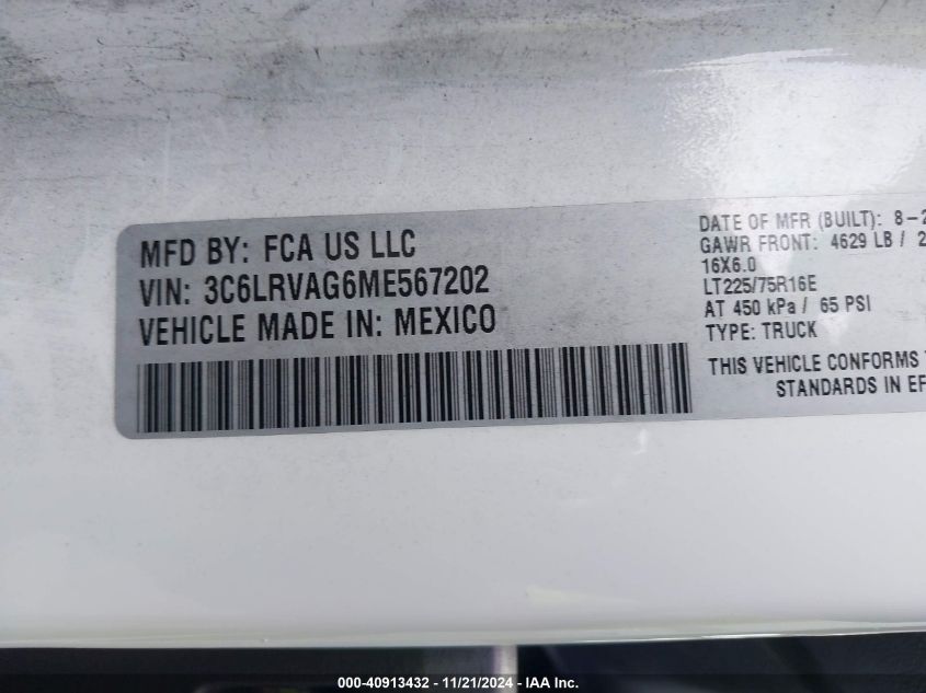 2021 Ram Promaster 1500 Low Roof 136 Wb VIN: 3C6LRVAG6ME567202 Lot: 40913432