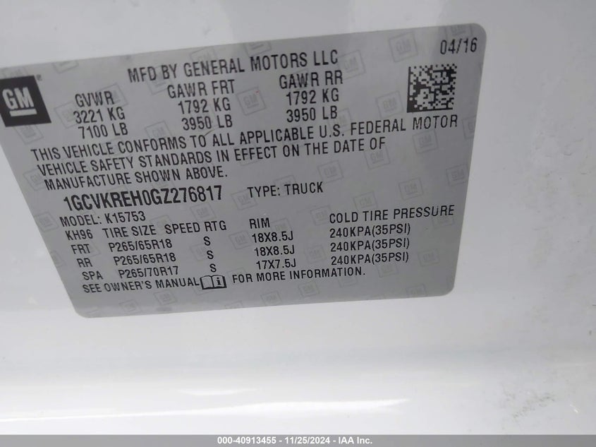 2016 CHEVROLET SILVERADO 1500 VIN: 1GCVKREH0GZ276817