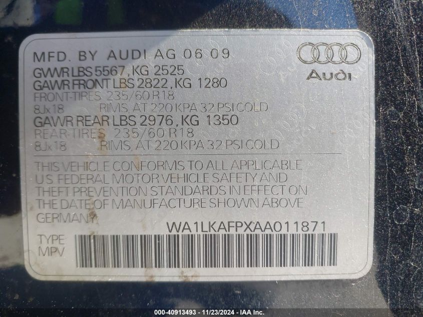 2010 Audi Q5 3.2 Premium VIN: WA1LKAFPXAA011871 Lot: 40913493