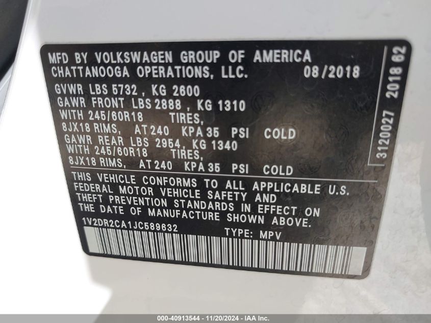 2018 Volkswagen Atlas 3.6L V6 Se/3.6L V6 Se W/Technology VIN: 1V2DR2CA1JC589632 Lot: 40913544