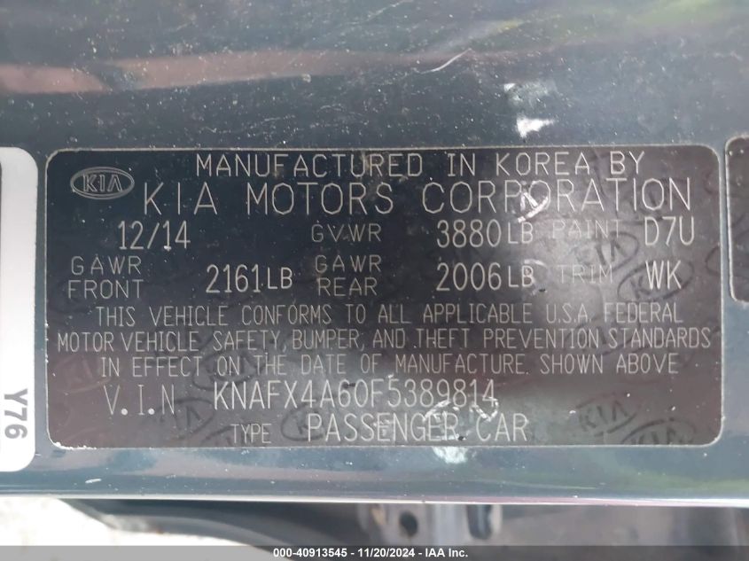 VIN KNAFX4A60F5389814 2015 KIA FORTE no.9