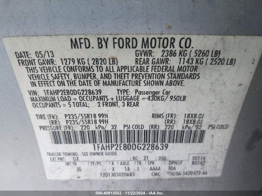 2013 Ford Taurus Sel VIN: 1FAHP2E80DG228639 Lot: 40913582