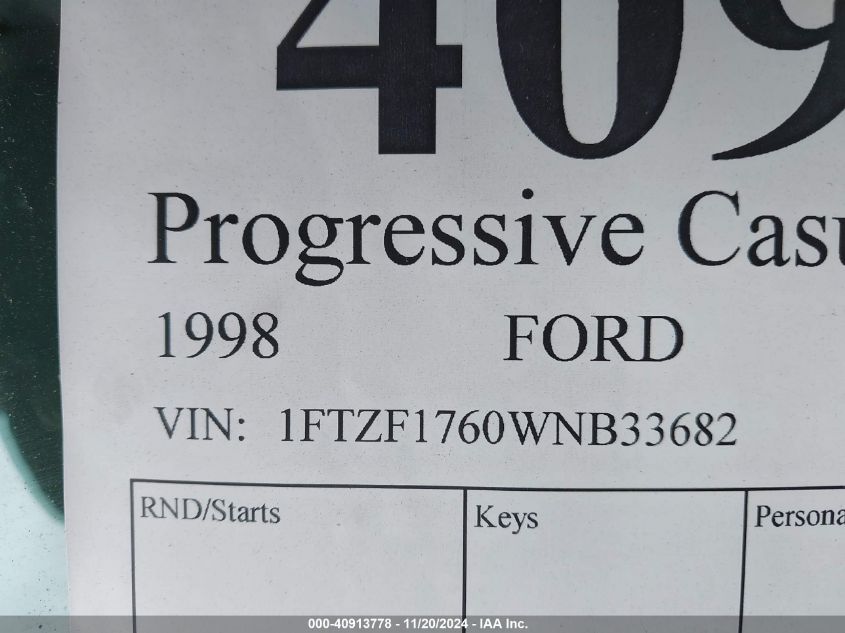 1998 Ford F-150 Lariat/Standard/Xl/Xlt VIN: 1FTZF1760WNB33682 Lot: 40913778