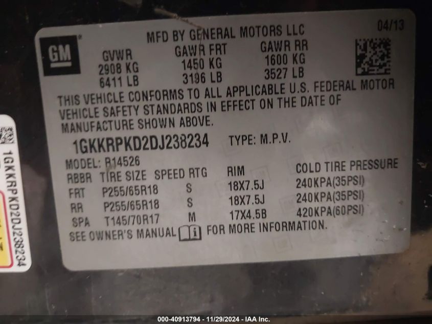 VIN 1GKKRPKD2DJ238234 2013 GMC Acadia, Sle no.9