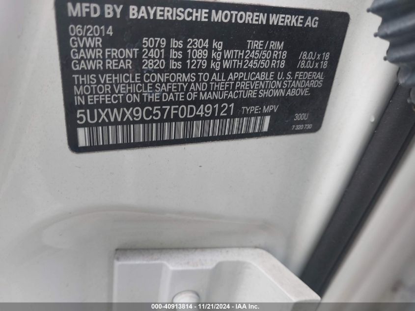 2015 BMW X3 xDrive28I VIN: 5UXWX9C57F0D49121 Lot: 40913814