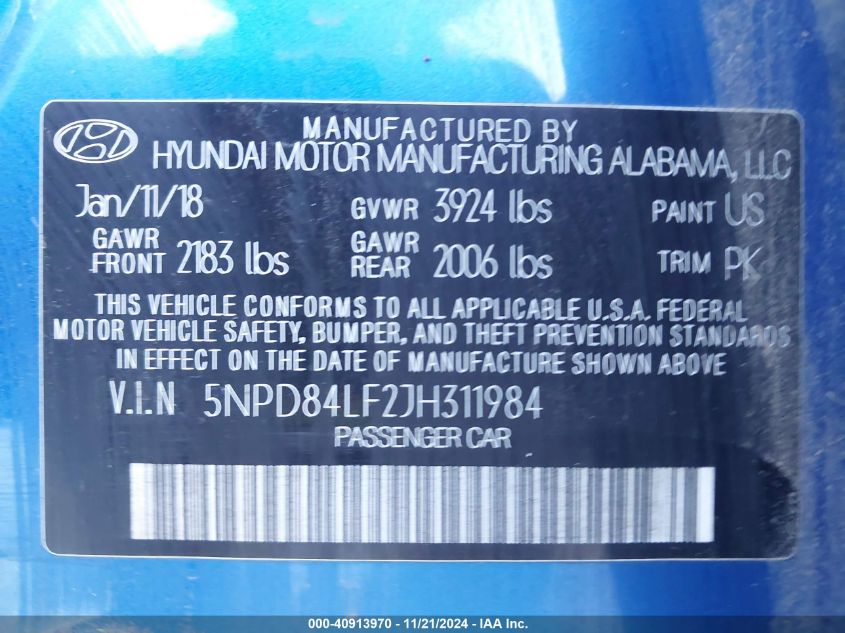 VIN 5NPD84LF2JH311984 2018 Hyundai Elantra, Sel no.9