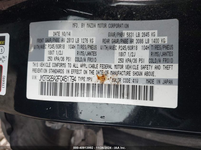 VIN JM3TB2BA2F0451794 2015 MAZDA CX-9 no.9