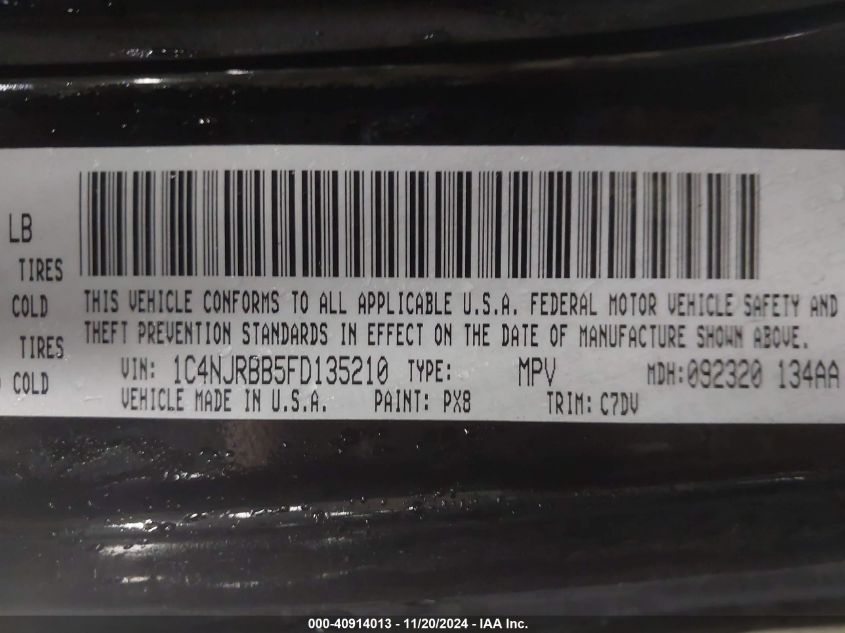 VIN 1C4NJRBB5FD135210 2015 Jeep Patriot, Sport no.9