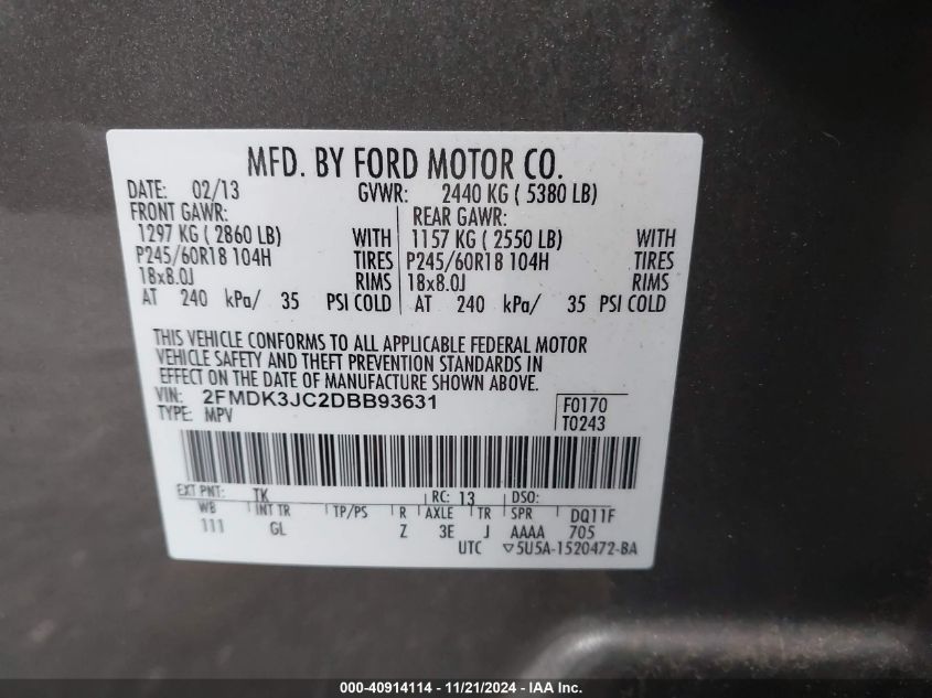 2013 Ford Edge Sel VIN: 2FMDK3JC2DBB93631 Lot: 40914114