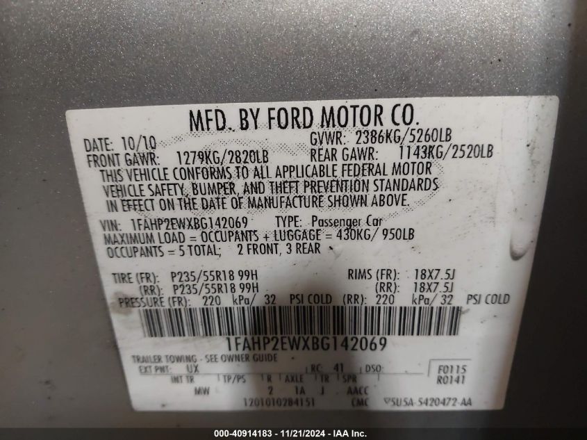 2011 Ford Taurus Sel VIN: 1FAHP2EWXBG142069 Lot: 40914183