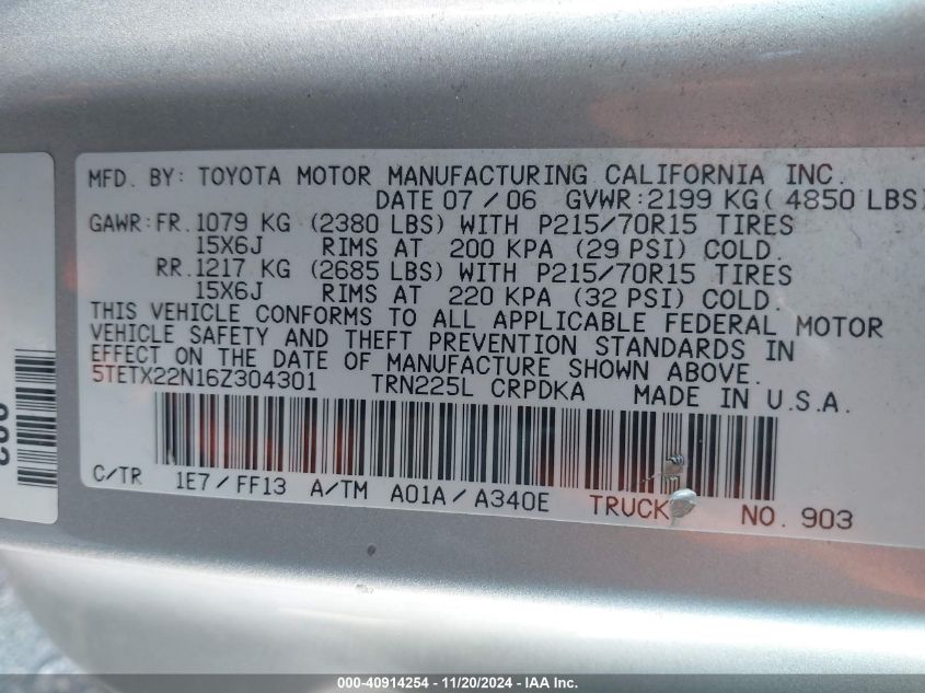 2006 Toyota Tacoma VIN: 5TETX22N16Z304301 Lot: 40914254