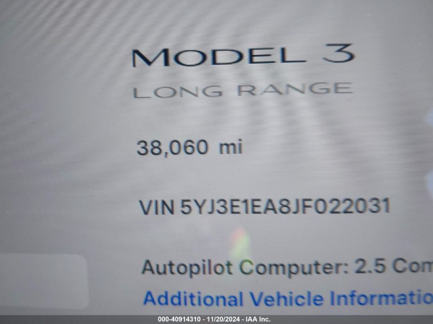 2018 Tesla Model 3 Long Range/Mid Range VIN: 5YJ3E1EA8JF022031 Lot: 40914310