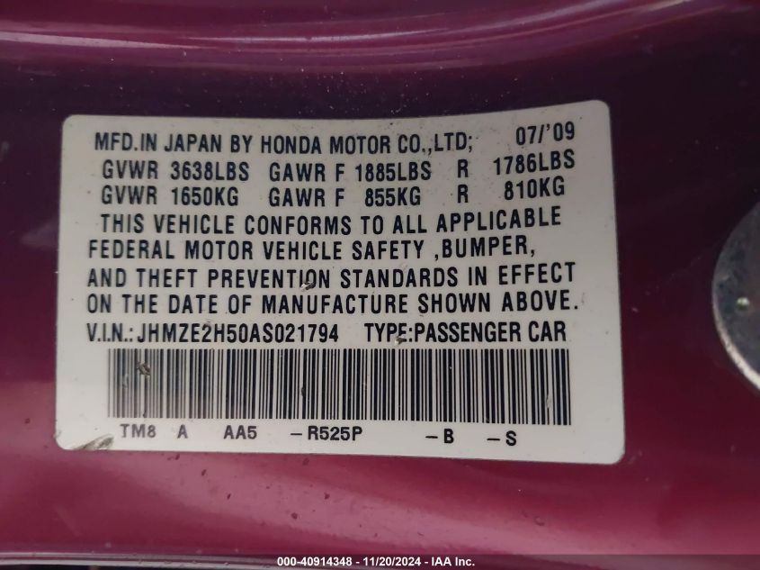 2010 Honda Insight Lx VIN: JHMZE2H50AS021794 Lot: 40914348