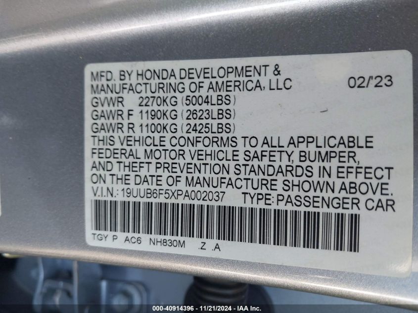 2023 Acura Tlx A-Spec Package VIN: 19UUB6F5XPA002037 Lot: 40914396