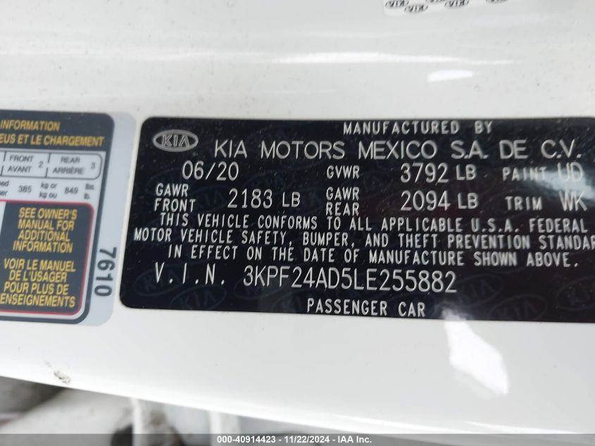 2020 Kia Forte Lxs VIN: 3KPF24AD5LE255882 Lot: 40914423