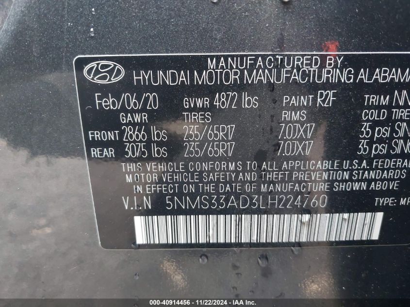 2020 Hyundai Santa Fe Sel VIN: 5NMS33AD3LH224760 Lot: 40914456