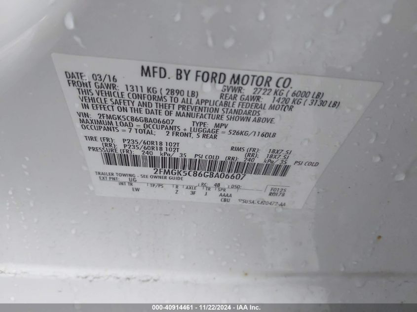 VIN 2FMGK5C86GBA06607 2016 Ford Flex, Sel no.9