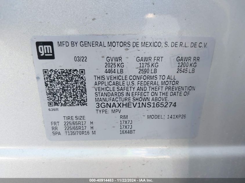 2022 Chevrolet Equinox Fwd Ls VIN: 3GNAXHEV1NS165274 Lot: 40914483