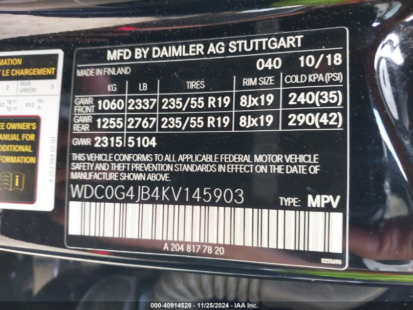 2019 MERCEDES-BENZ GLC 300 - WDC0G4JB4KV145903