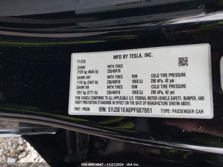 2023 Tesla Model 3 Rear-Wheel Drive VIN: 5YJ3E1EA8PF687861 Lot: 40914647