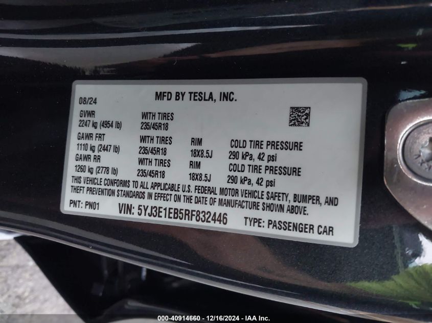 2024 Tesla Model 3 Long Range Dual Motor All-Wheel Drive VIN: 5YJ3E1EB5RF832446 Lot: 40914660