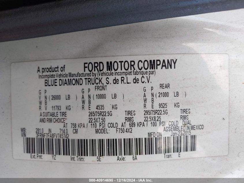 2015 Ford F-750 Xl/Xlt VIN: 3FRNF7FA8FV745742 Lot: 40914695