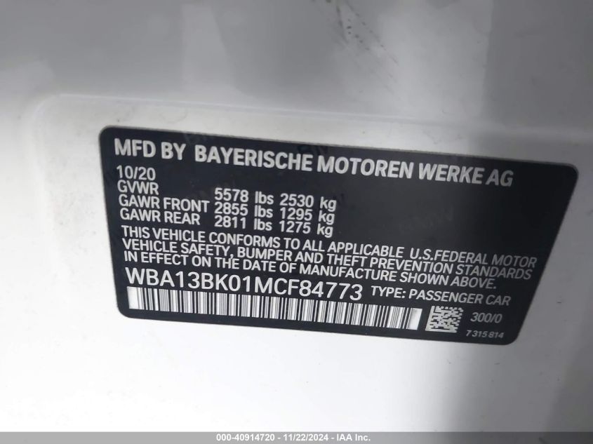 2021 BMW M550I xDrive VIN: WBA13BK01MCF84773 Lot: 40914720