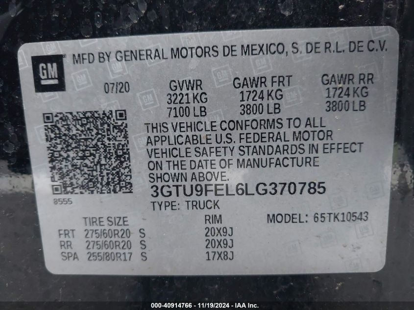 2020 GMC Sierra 1500 4Wd Short Box Denali VIN: 3GTU9FEL6LG370785 Lot: 40914766